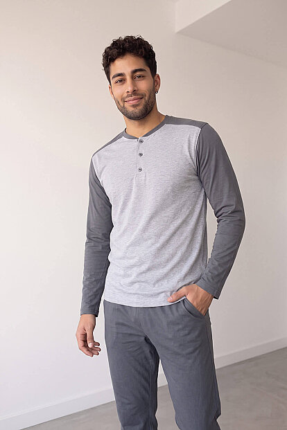 Gri Stylish Erkek Uzun Kol Pijama Takımı - 5