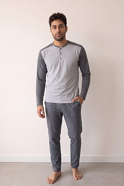 Gri Stylish Erkek Uzun Kol Pijama Takımı - 6