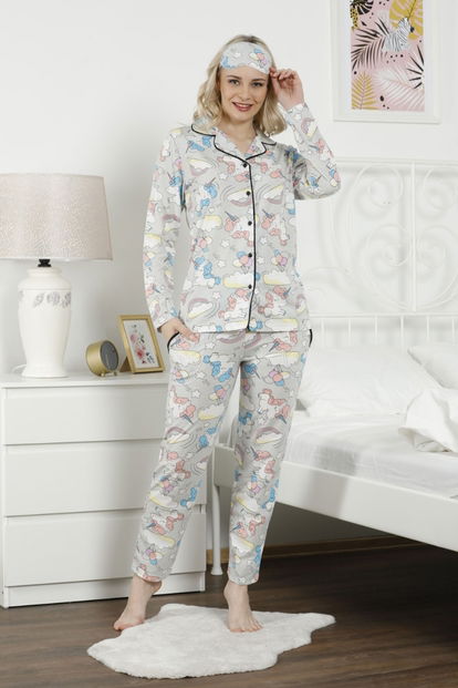 Gri Unicorn Desenli Önden Düğmeli Uzun Kollu Pijama Takımı - 2