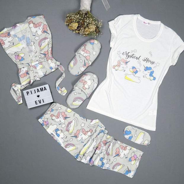 Gri Unicorn Desenli Sabahlıklı Pijama Takımı - 1
