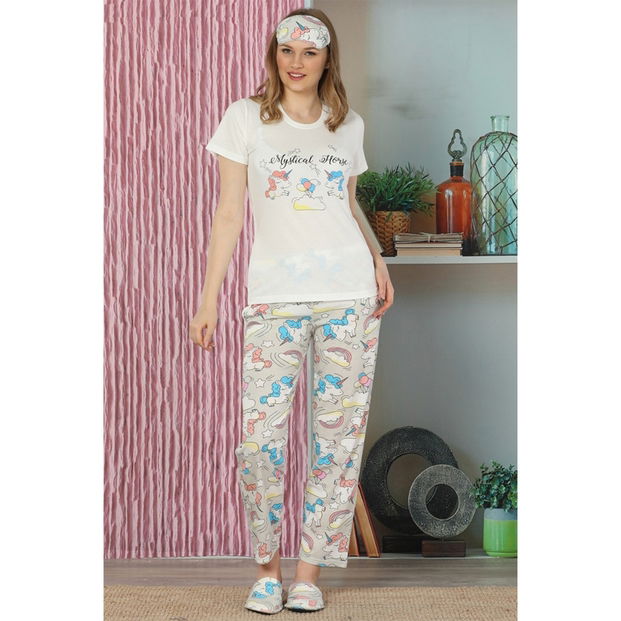 Gri Unicorn Desenli Sabahlıklı Pijama Takımı - 3