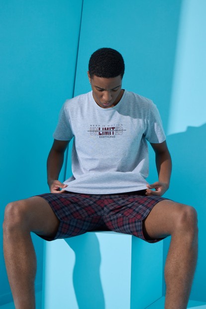 Gri Unlimited Baskılı Şortlu Erkek Pijama Takımı - 2