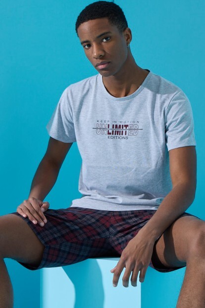 Gri Unlimited Baskılı Şortlu Erkek Pijama Takımı - 6