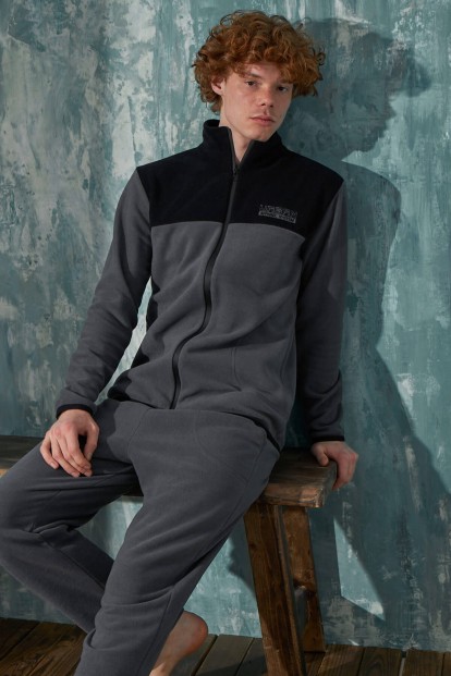 Gri Urban Önden Fermuarlı Uzun Kollu Polar Erkek Pijama Takımı - 1