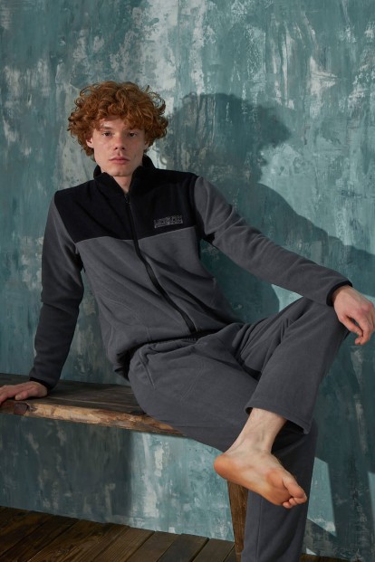 Gri Urban Önden Fermuarlı Uzun Kollu Polar Erkek Pijama Takımı - 2