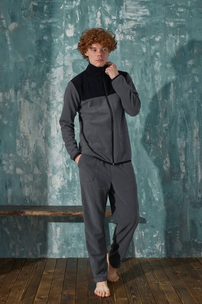 Gri Urban Önden Fermuarlı Uzun Kollu Polar Erkek Pijama Takımı - 3