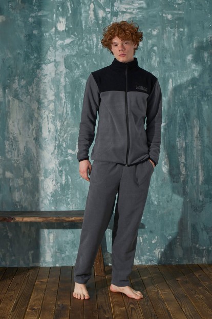 Gri Urban Önden Fermuarlı Uzun Kollu Polar Erkek Pijama Takımı - 4