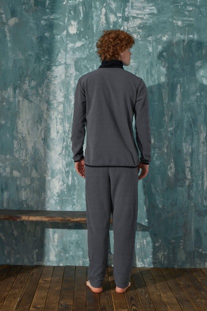 Gri Urban Önden Fermuarlı Uzun Kollu Polar Erkek Pijama Takımı - 5
