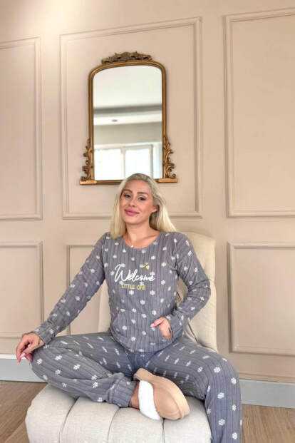 Gri Welcome Desenli Kanguru Cepli Peluş Polar Pijama Takımı - 2