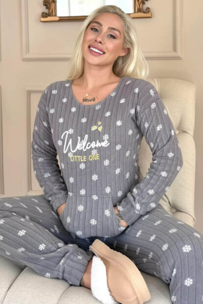 Gri Welcome Desenli Kanguru Cepli Peluş Polar Pijama Takımı - 7