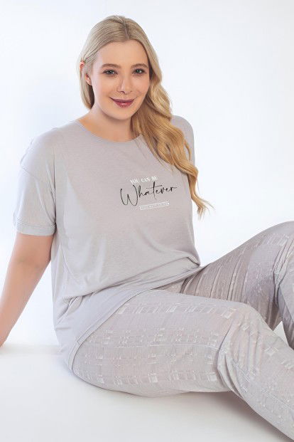 Gri Whatever Baskılı Kısa Kollu Büyük Beden Battal Pijama Takımı - 1