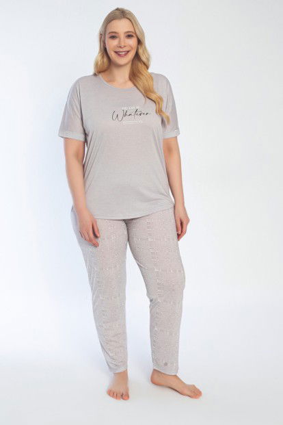 Gri Whatever Baskılı Kısa Kollu Büyük Beden Battal Pijama Takımı - 2