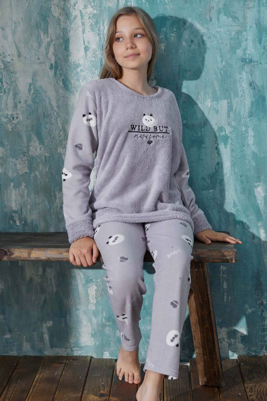 Gri Wild But Desenli Kız Çocuk Peluş Pijama Takımı - Pijamaevi