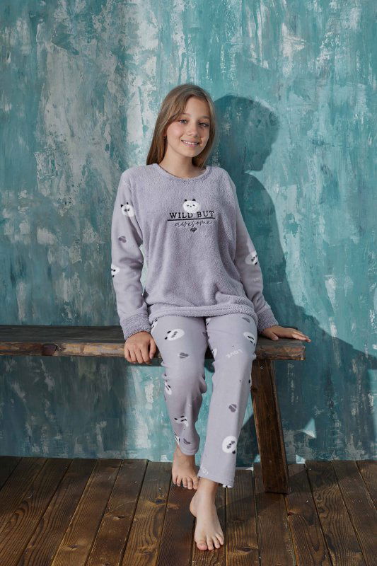 Gri Wild But Desenli Kız Çocuk Peluş Pijama Takımı - Pijamaevi (2)