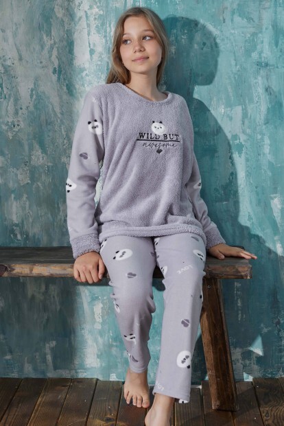 Gri Wild But Desenli Kız Çocuk Peluş Pijama Takımı - 6