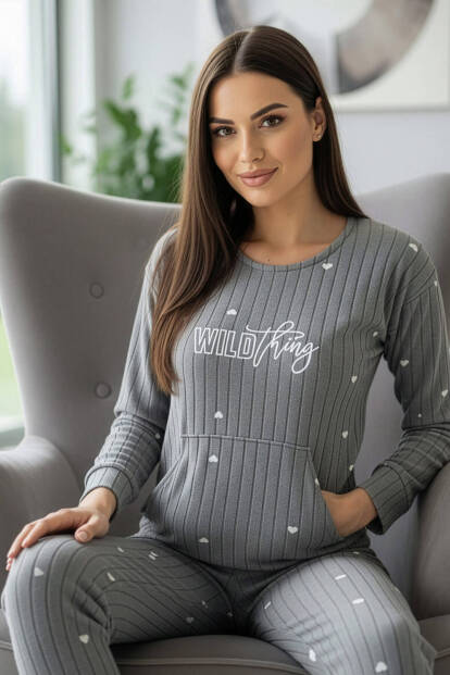 Gri Wild Desenli Kanguru Cepli Peluş Polar Pijama Takımı - 1