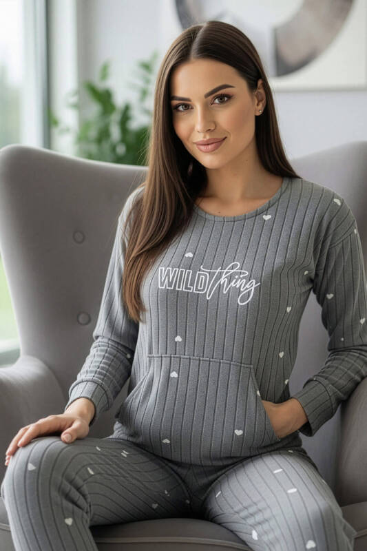 Gri Wild Desenli Kanguru Cepli Peluş Polar Pijama Takımı - Pijamaevi