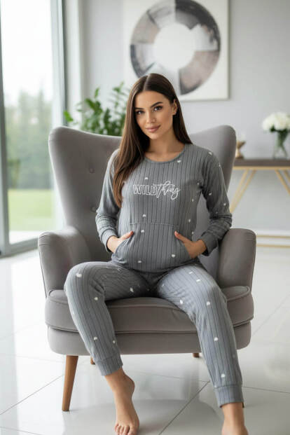 Gri Wild Desenli Kanguru Cepli Peluş Polar Pijama Takımı - 2