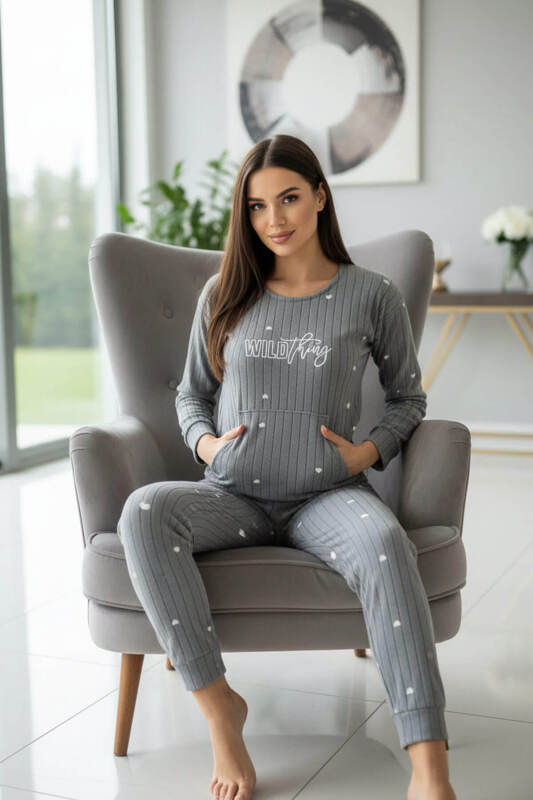 Gri Wild Desenli Kanguru Cepli Peluş Polar Pijama Takımı - Pijamaevi (1)