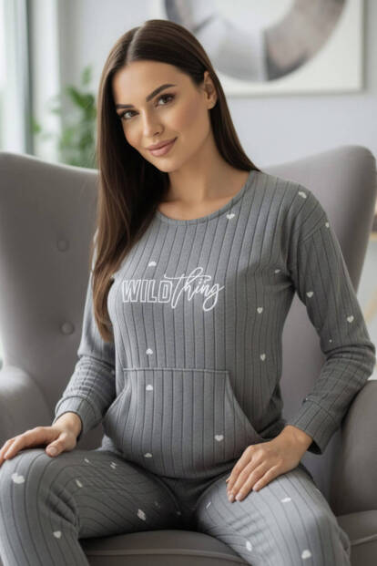 Gri Wild Desenli Kanguru Cepli Peluş Polar Pijama Takımı - 3