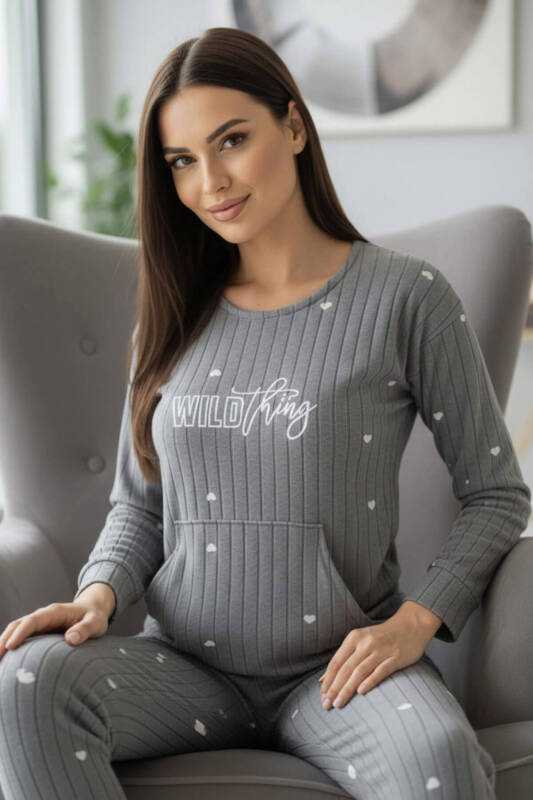 Gri Wild Desenli Kanguru Cepli Peluş Polar Pijama Takımı - Pijamaevi (2)