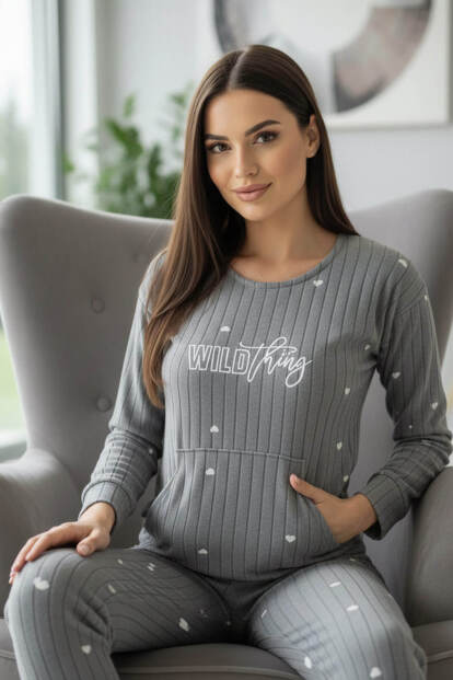 Gri Wild Desenli Kanguru Cepli Peluş Polar Pijama Takımı - 4