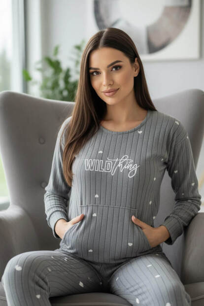 Gri Wild Desenli Kanguru Cepli Peluş Polar Pijama Takımı - 5