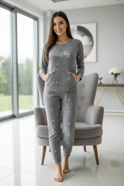 Gri Wild Desenli Kanguru Cepli Peluş Polar Pijama Takımı - 6