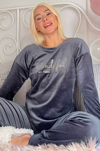 Gri Wonderful Desenli Exclusive Kadife Kadın Pijama Takımı  