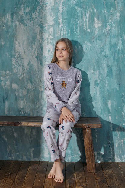 Gri Wonderland Desenli Kız Çocuk Peluş Pijama Takım - 3