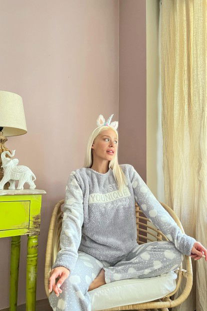 Gri Younique Desenli Kadın Peluş Pijama Takımı - 2