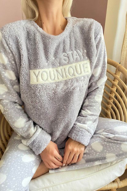 Gri Younique Desenli Kadın Peluş Pijama Takımı - 4