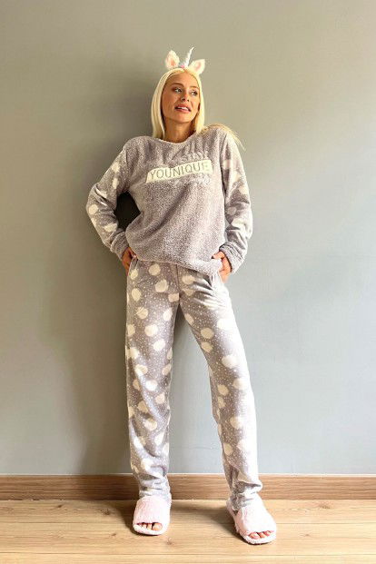 Gri Younique Desenli Kadın Peluş Pijama Takımı - 5