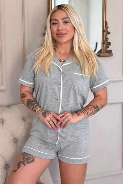Gris Classique Desenli Kısa Kol Şortlu Önden Düğmeli Kadın Pijama Takımı 