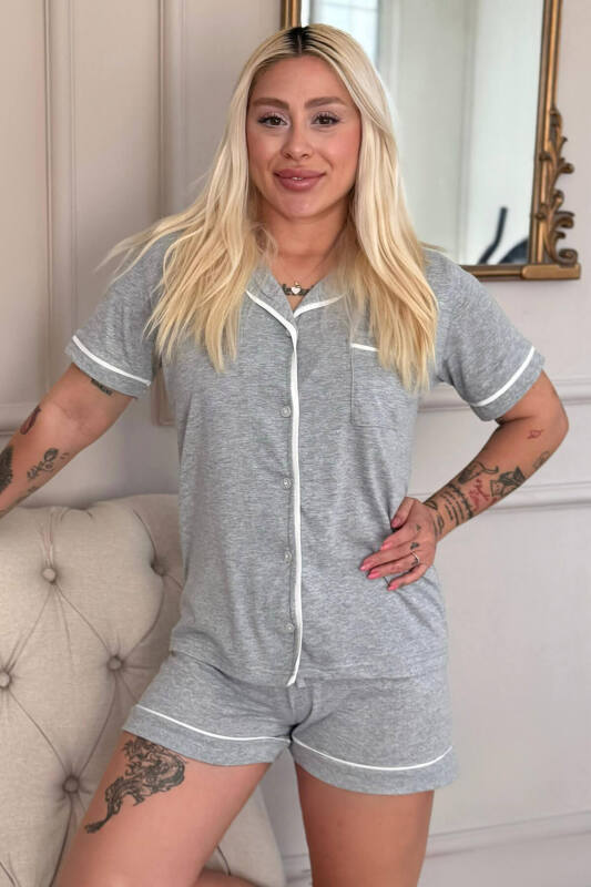 Gris Classique Desenli Kısa Kol Şortlu Önden Düğmeli Kadın Pijama Takımı - Pijamaevi (1)