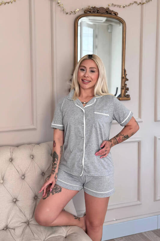 Gris Classique Desenli Kısa Kol Şortlu Önden Düğmeli Kadın Pijama Takımı - Pijamaevi (2)