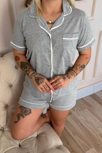 Gris Classique Desenli Kısa Kol Şortlu Önden Düğmeli Kadın Pijama Takımı - 5