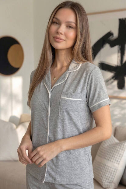 Gris Classique Desenli Kısa Kol Şortlu Önden Düğmeli Kadın Pijama Takımı - 5