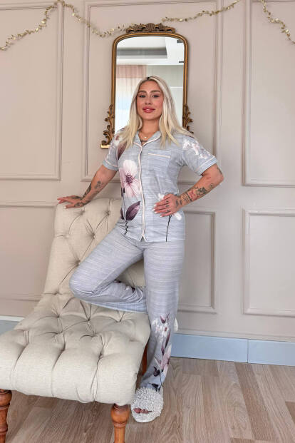 Gris Magnolia Desenli Bambu Önden Düğmeli Kısa Kol Pijama Takımı - 6