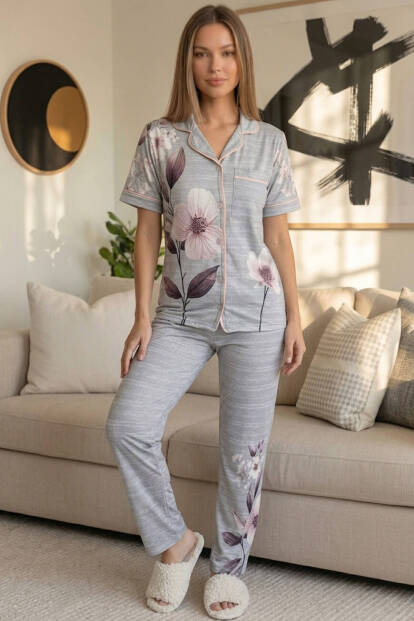 Gris Magnolia Desenli Bambu Önden Düğmeli Kısa Kol Pijama Takımı - 7
