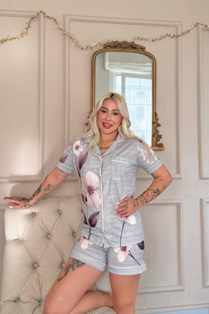 Gris Magnolia Desenli Kısa Kol Şortlu Önden Düğmeli Kadın Pijama Takımı - 2