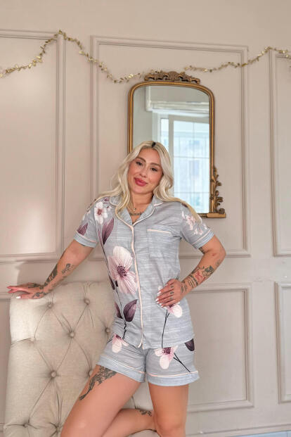 Gris Magnolia Desenli Kısa Kol Şortlu Önden Düğmeli Kadın Pijama Takımı - 3