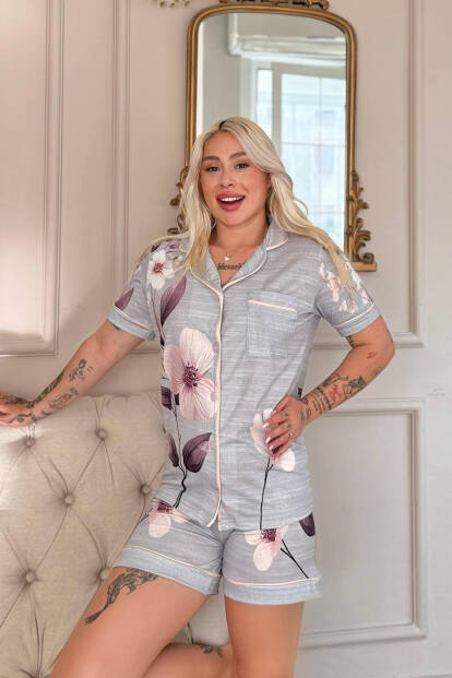 Gris Magnolia Desenli Kısa Kol Şortlu Önden Düğmeli Kadın Pijama Takımı - 4
