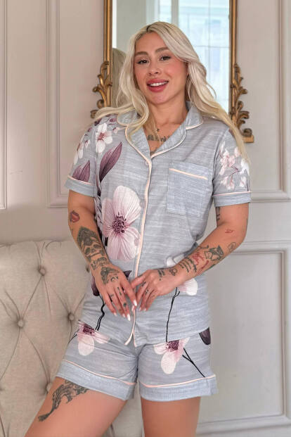 Gris Magnolia Desenli Kısa Kol Şortlu Önden Düğmeli Kadın Pijama Takımı - 6