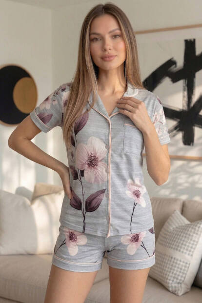 Gris Magnolia Desenli Kısa Kol Şortlu Önden Düğmeli Kadın Pijama Takımı - 2