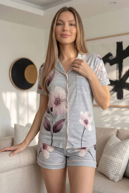 Gris Magnolia Desenli Kısa Kol Şortlu Önden Düğmeli Kadın Pijama Takımı - 3