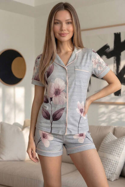 Gris Magnolia Desenli Kısa Kol Şortlu Önden Düğmeli Kadın Pijama Takımı - 5