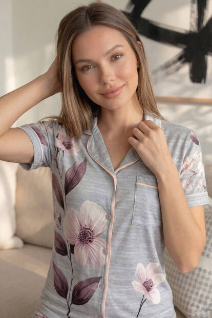 Gris Magnolia Desenli Kısa Kol Şortlu Önden Düğmeli Kadın Pijama Takımı - 6