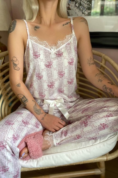 Gül Dantelli İp Askılı Örme Kadın Pijama Takımı - 3