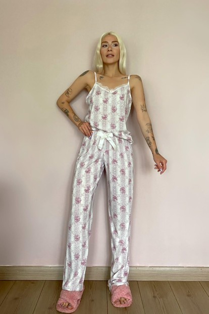 Gül Dantelli İp Askılı Örme Kadın Pijama Takımı - 4